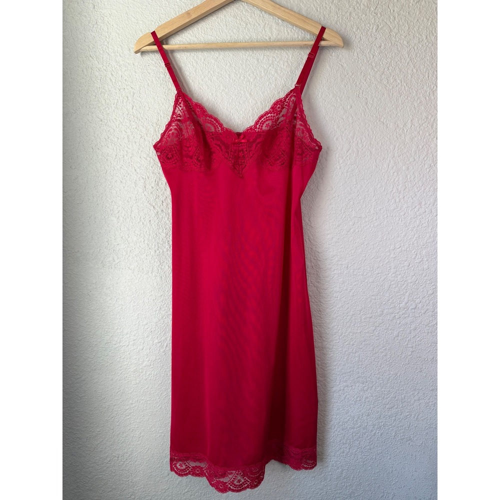 Vintage Vassarette Red Lace Slip‎ Mini Dress 80s Satin Lingerie